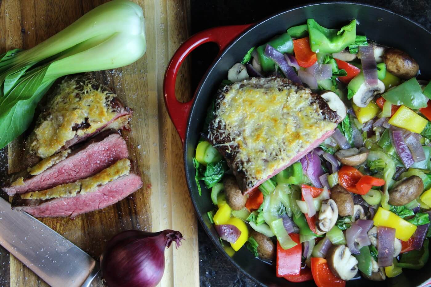 Flank Steak zubereiten - mit Kaese ueberbacken - die frau am grill