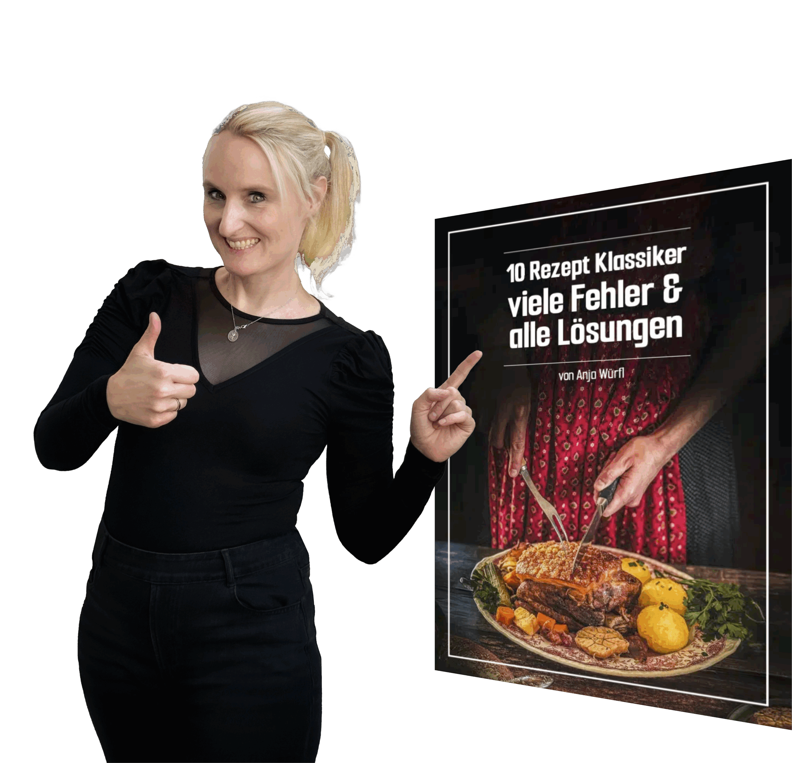 Anja Auer zeigt auf das Ebook ‘10 Rezept Klassiker viele Fehler & alle Lösungen’