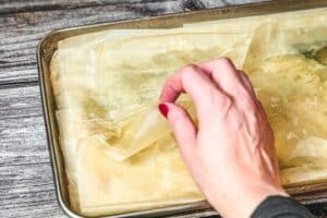 Die restlichen Filo-Teig-Blätter über die Füllung legen.