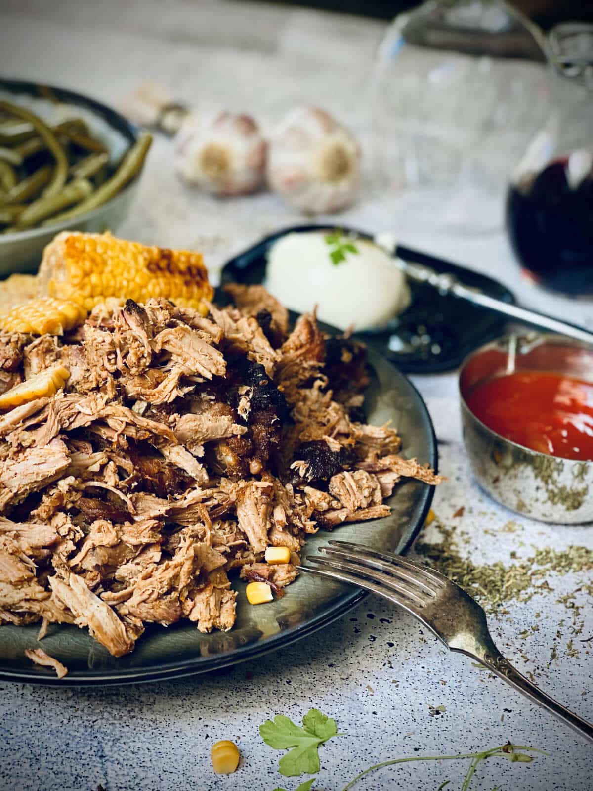 pulled lamb mit bohnen