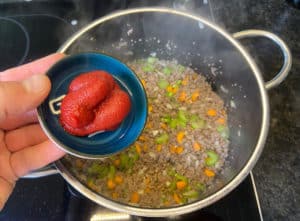 tomatenmark fuer die bolognese sauce in den topf geben